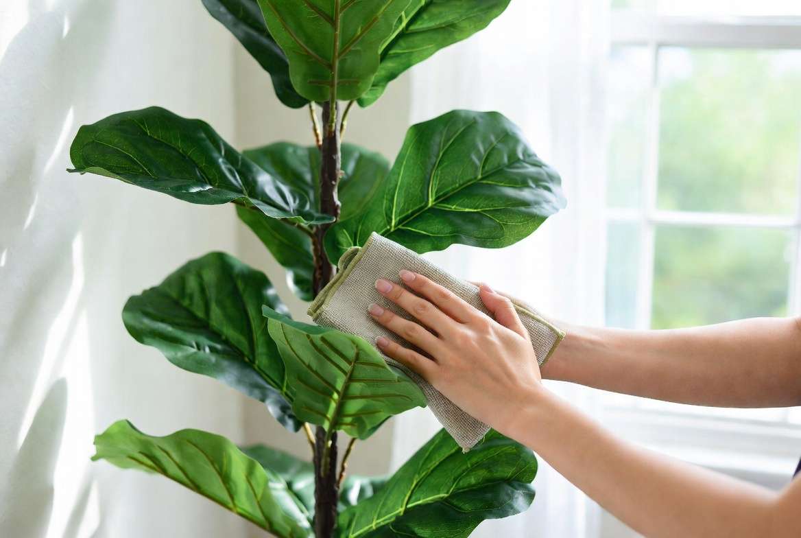 Easy dusting and care routine for a faux fiddle leaf fig tree