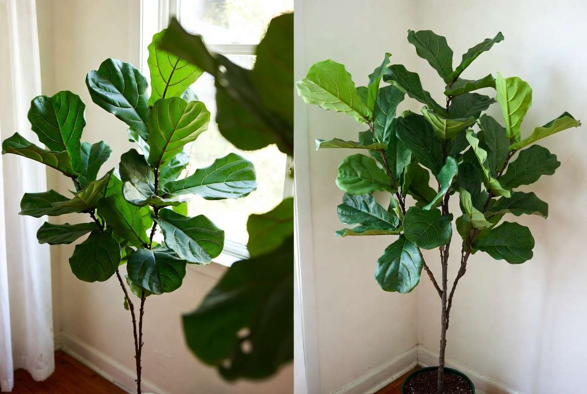 Side-by-side comparison of real versus faux fiddle leaf fig tree