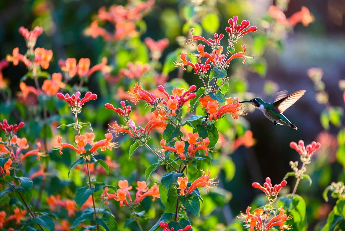 Mexican honeysuckle plant flowering with hummingbird