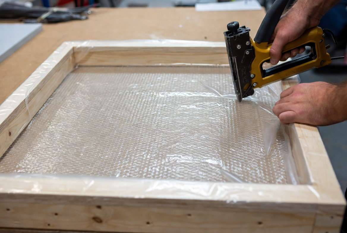 A person attaching a plastic moisture barrier to the back of a wooden living wall frame.