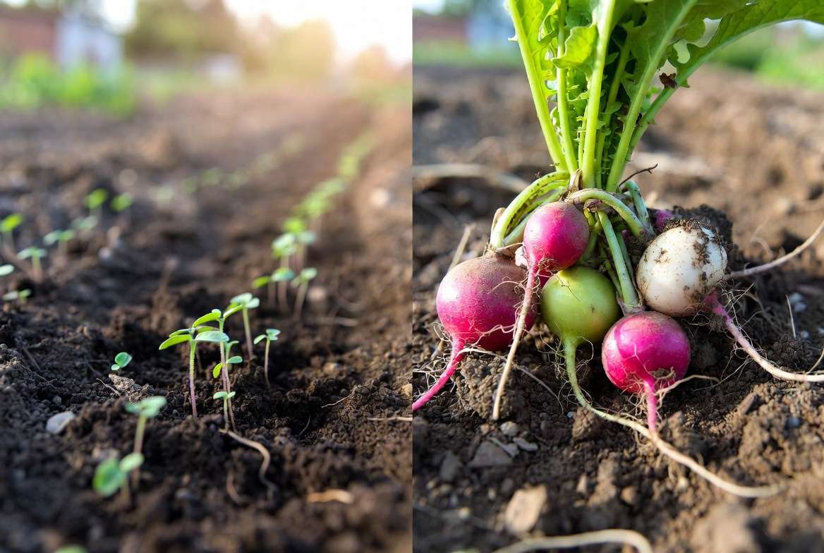 Watermelon radish growth stages from seedling to ready-to-harvest root