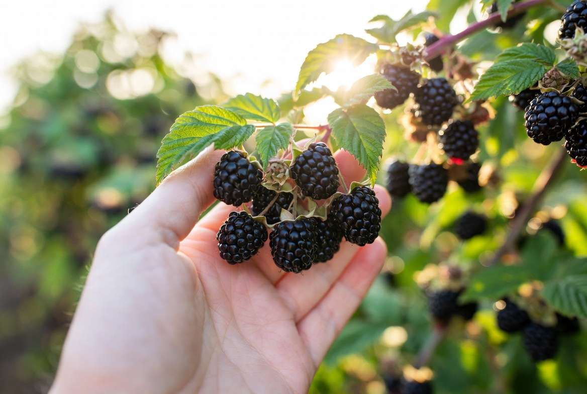 Harvesting ripe black raspberries from the plant