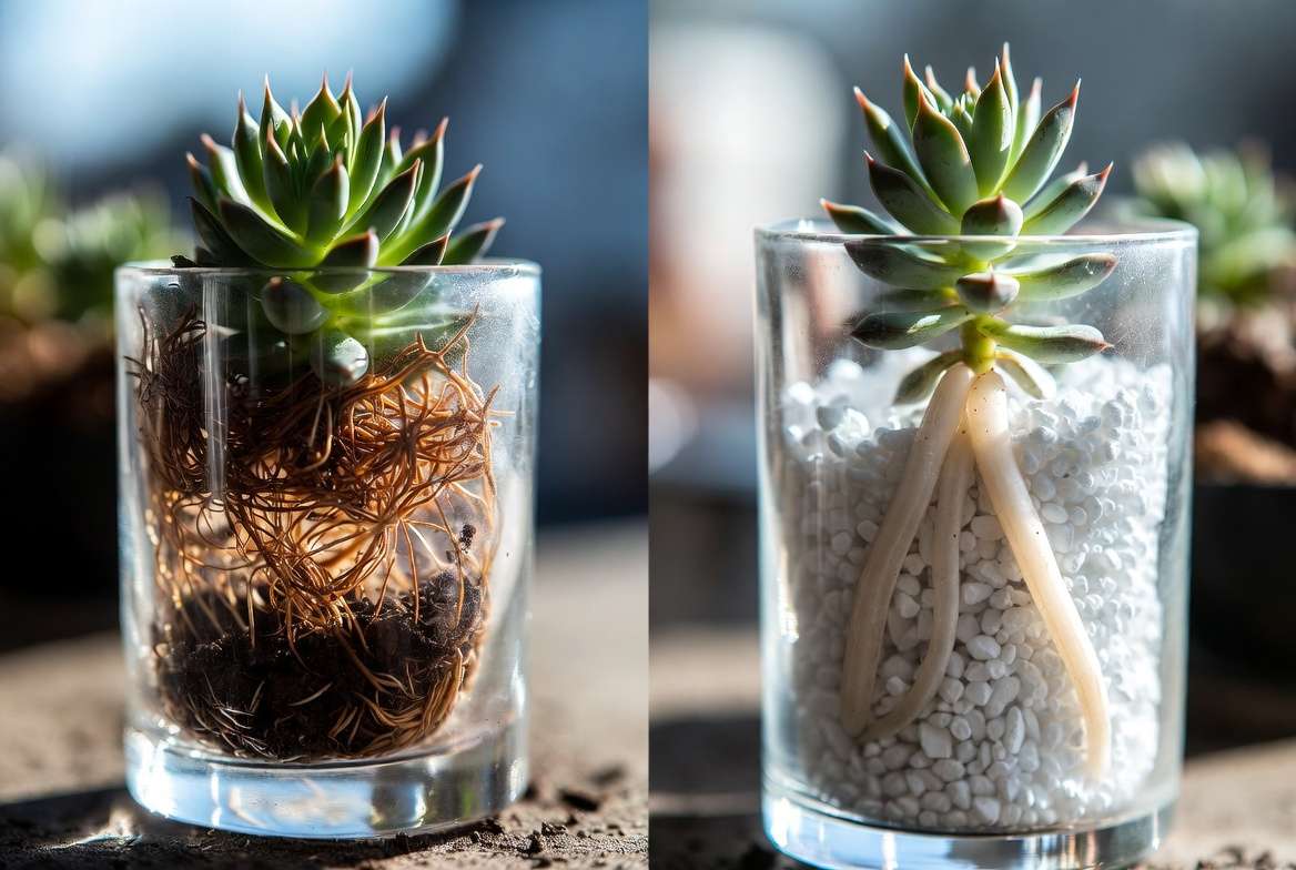 Visual comparison of different succulent root types: dense roots grown in soil vs. long, reaching roots grown in perlite.