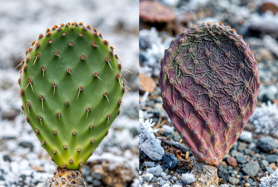 Visual comparison of a cold-hardy prickly pear cactus showing summer plumpness versus winter shriveling and color change due to dehydration.