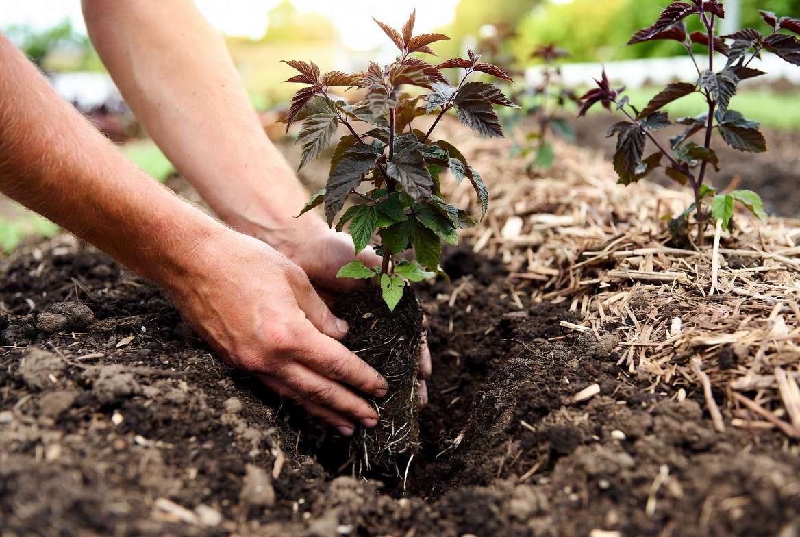 Planting black raspberry plants in garden soil
