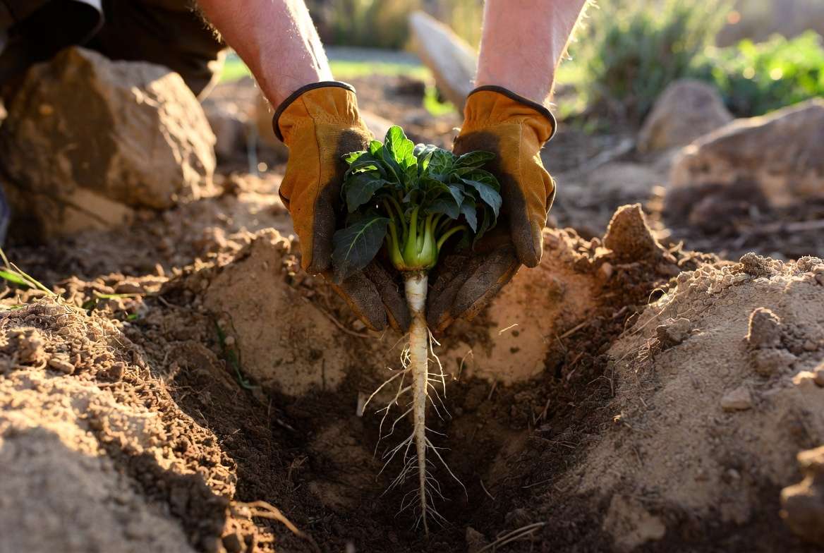 Planting a young mandrake plant in well-drained garden soil
