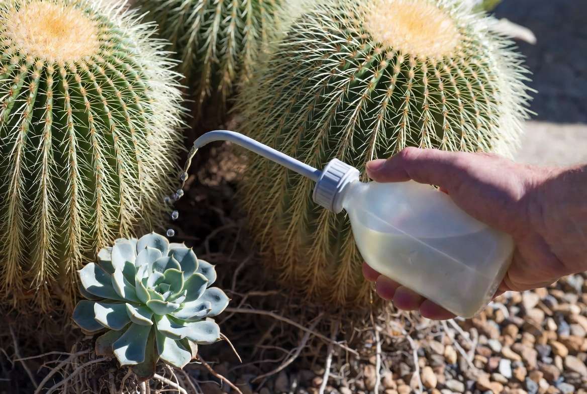 A close-up showing precision targeted watering of a succulent using a squeeze bottle in a shared planter with a cactus.