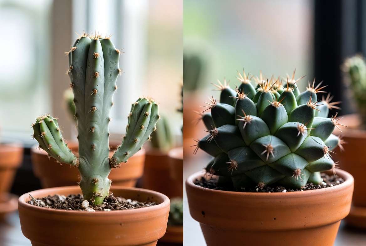 Close-up comparison of an etiolated, stretched cactus suffering from low light versus a healthy, compact cactus of the same species.