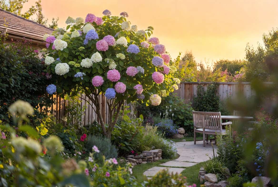 Stunning hydrangea tree used as focal point in landscaped backyard garden with companion planting