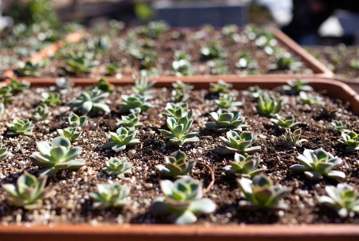 A well-organized shallow propagation tray with succulent leaves resting correctly on top of gritty soil.