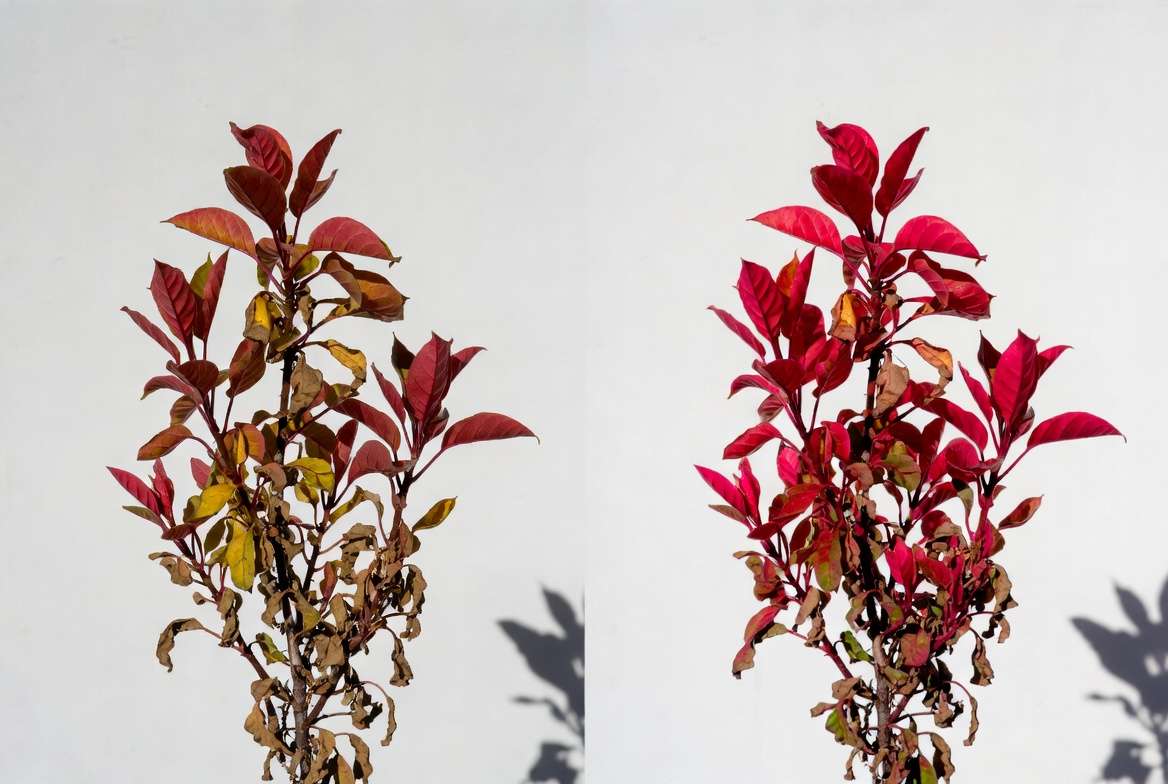 Common problems vs healthy red leaves plant recovery comparison