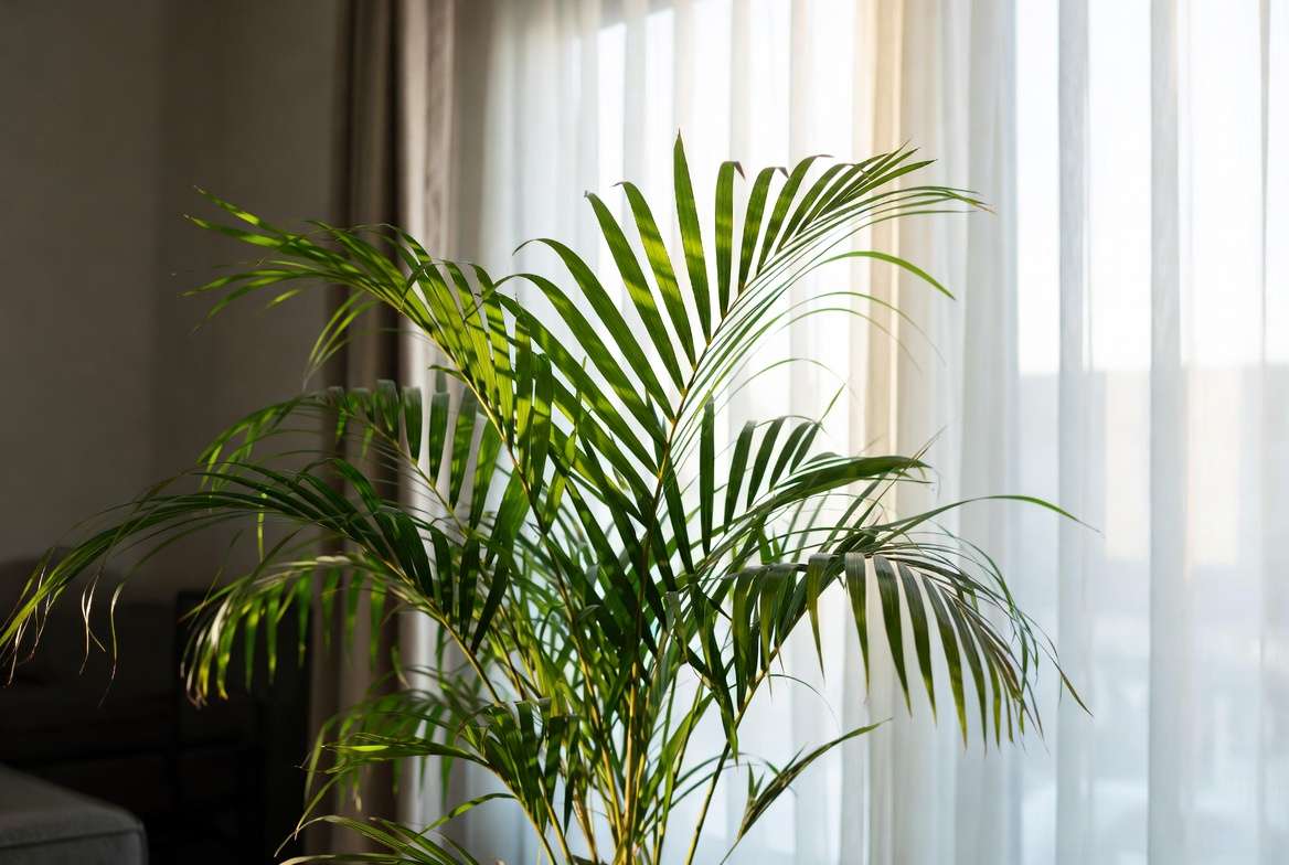 Miniature palm tree receiving bright indirect light near a window with sheer curtains