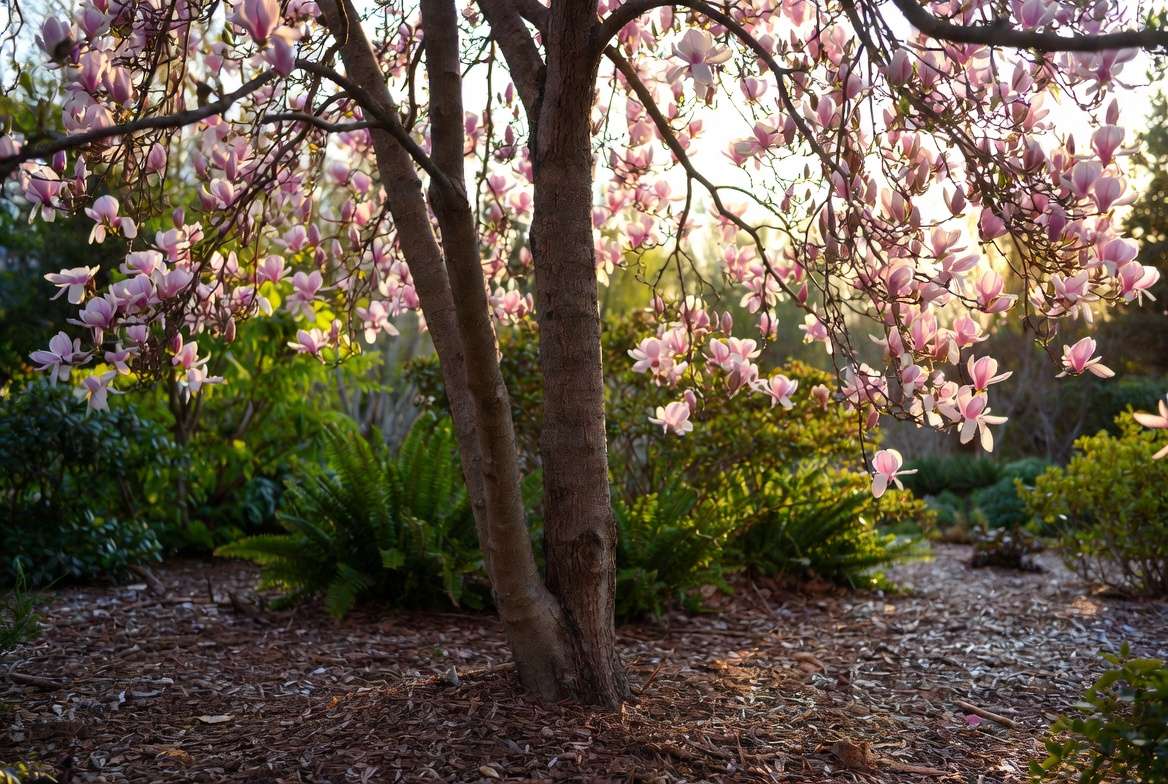 Thriving young magnolia tree with proper long-term care and mulching