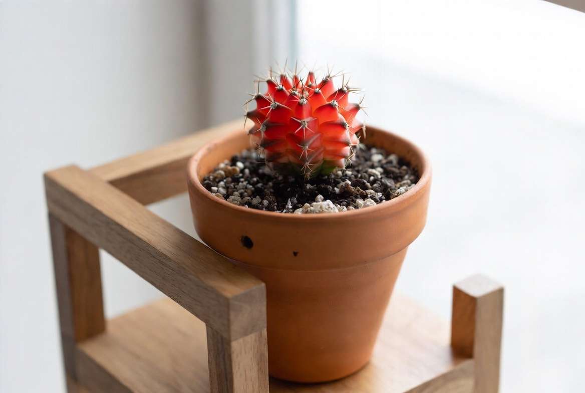 A healthy red moon cactus in a terracotta pot filled with gritty, well-draining cactus soil, placed in bright indirect daylight.