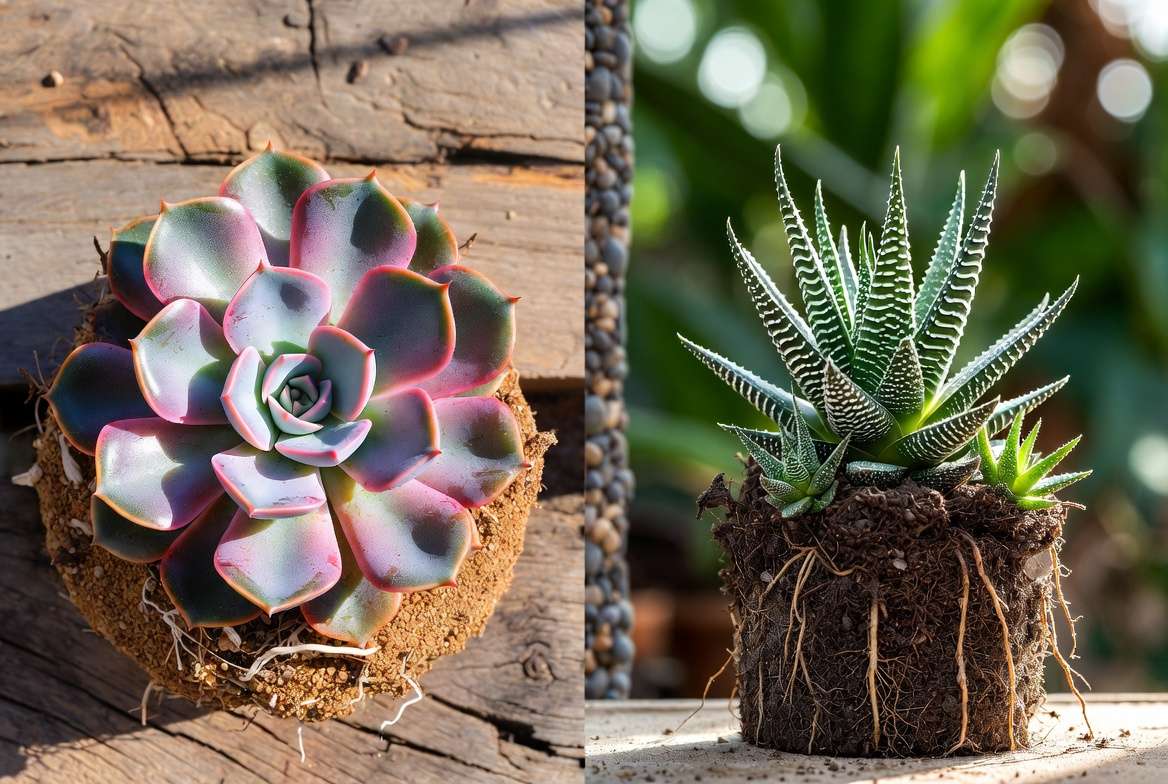 Side-by-side comparison of a sun-loving Echeveria with robust roots and shade-tolerant Haworthia/Aloe in moisture-retaining soil, visually illustrating incompatible succulent needs in mixed containers.