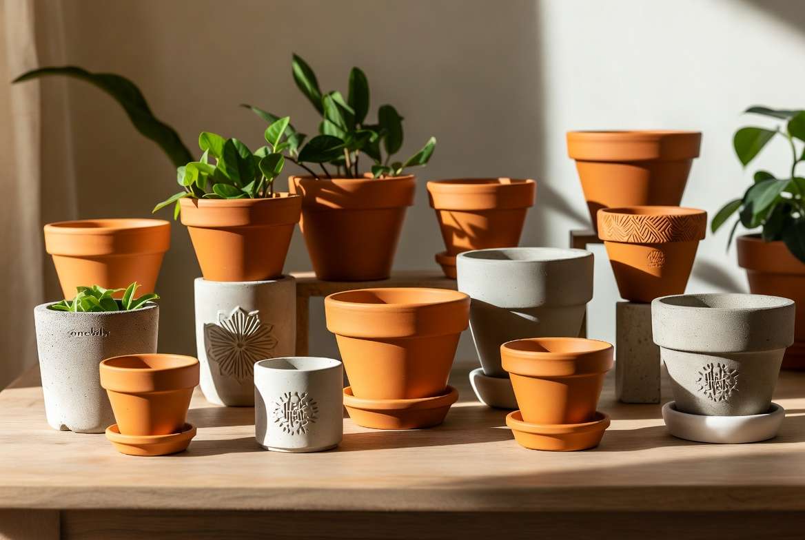 Variety of personalized plant pots made from different materials like terracotta, ceramic, and concrete with houseplants