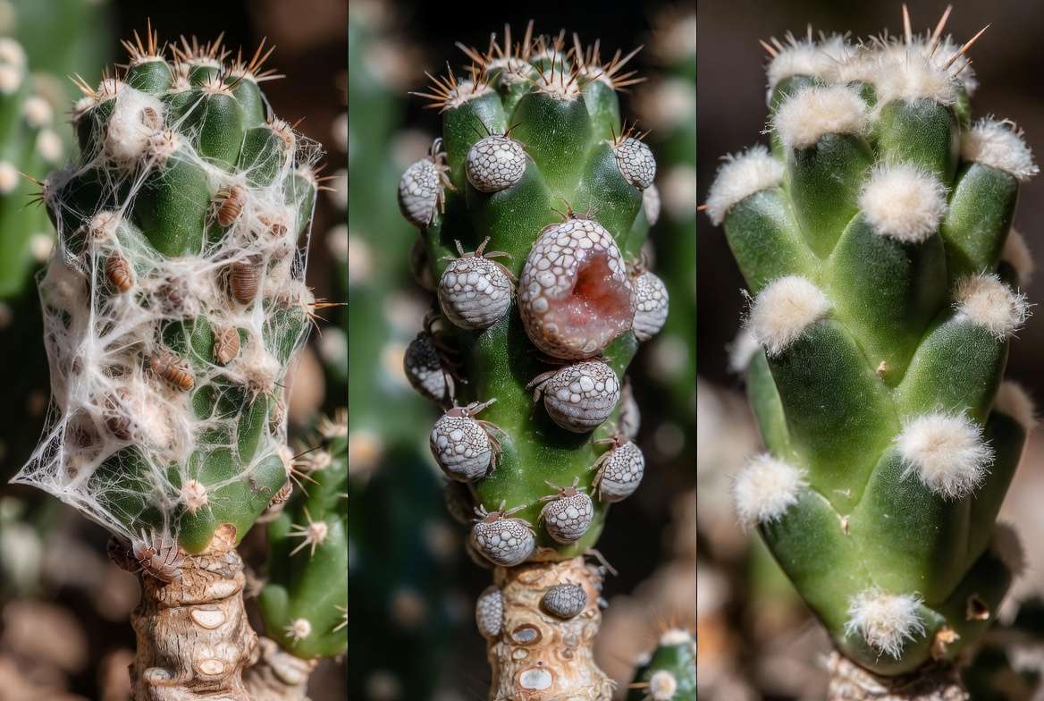Side-by-side comparison of mealybug infestation vs cochineal scale vs natural cactus wool on different types of cacti.
