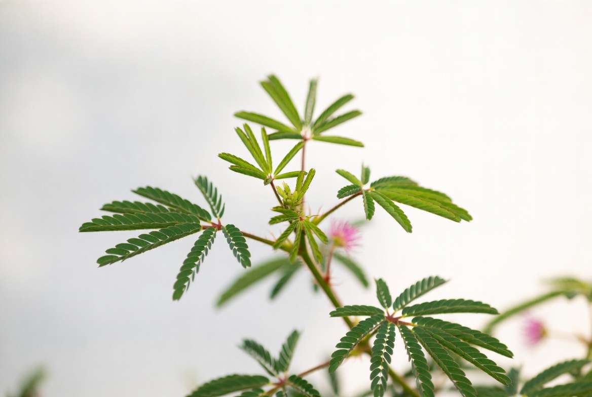 Mimosa pudica sensitive plant showing open and folding leaves with pink flowers