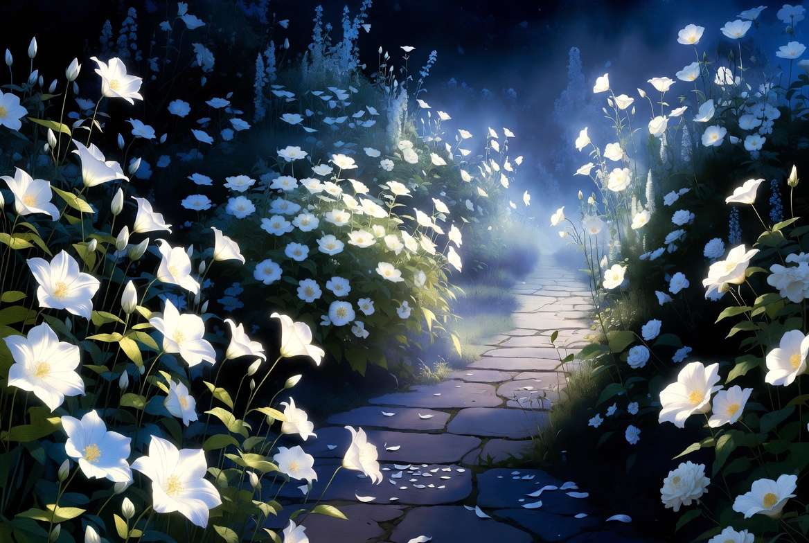 Enchanting white moonlight garden with glowing flowers at night