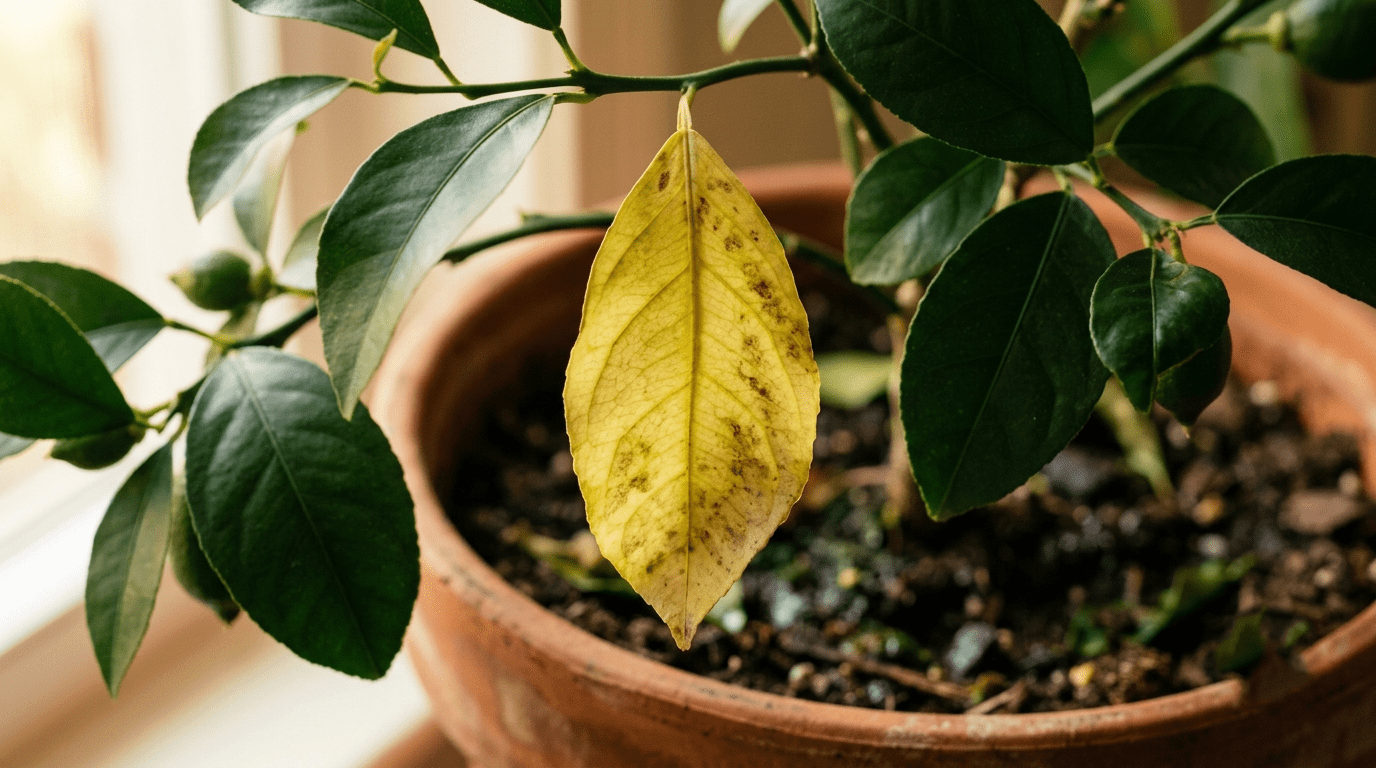 A limp, yellowing leaf on a Meyer lemon tree caused by overwatering.