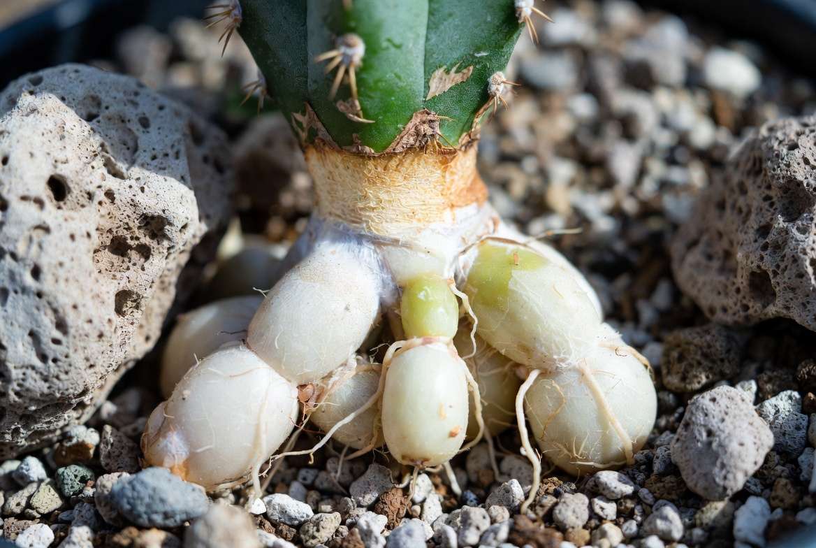 Macro image of a columnar cactus cutting, showing thick white root nubs forcefully emerging from the tan callus on a coarse pumice mix.