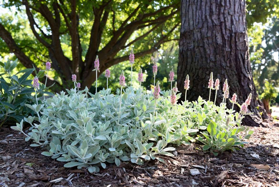 Stachys Hummelo plant growing successfully near black walnut tree