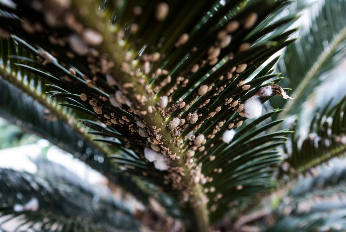 Scale insects and mealybugs on sago palm fronds