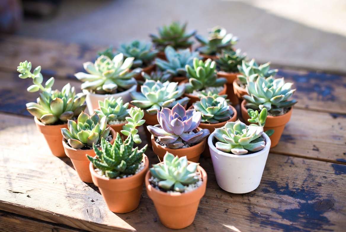 Step-by-step succulent propagation from leaf cuttings on a wooden nursery bench.