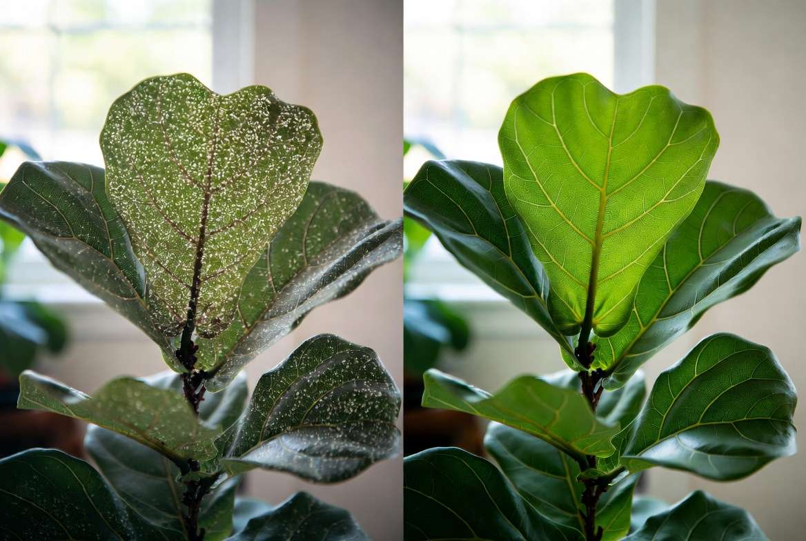 Before and after recovery from tiny white bugs on plant like fiddle leaf fig