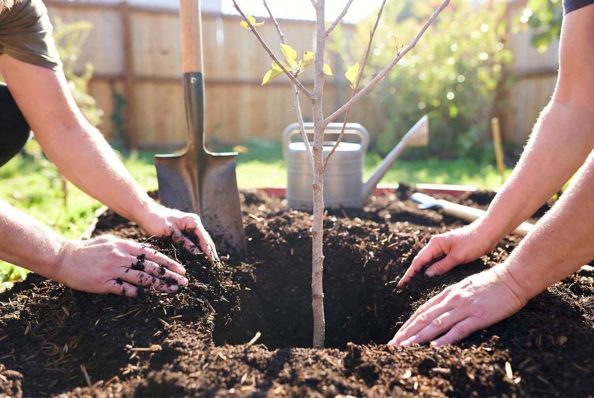 Gardener planting a young fig tree in well-prepared soil with mulch