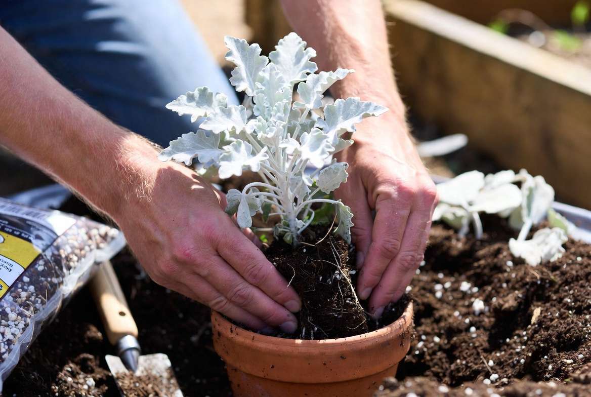 Hands planting a silver plant in well-draining soil with gardening tools for healthy root establishment