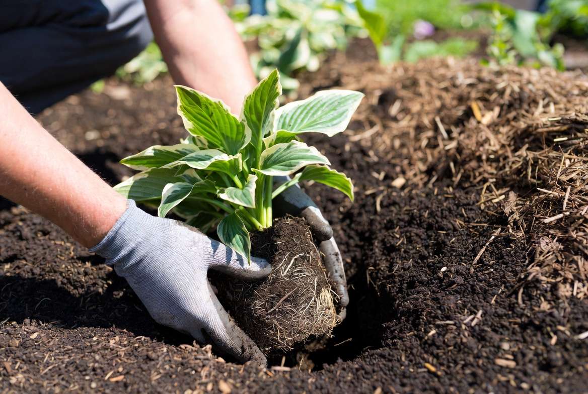 How to plant variegated hosta plants showing proper planting depth and soil preparation