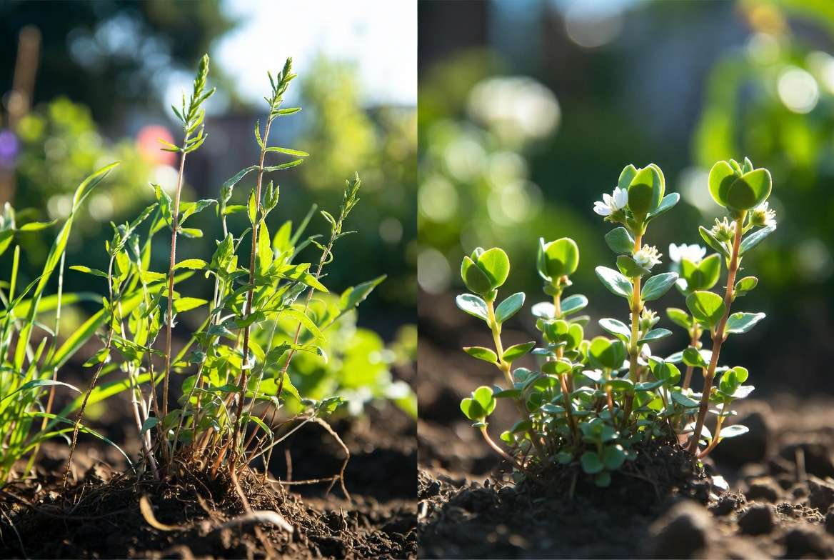 Purslane and chickweed compared to common garden weeds for identification