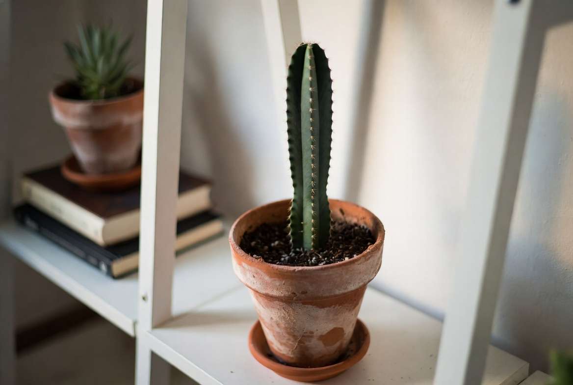 : A newly potted cactus in its fresh terracotta container resting in soft, filtered natural light.