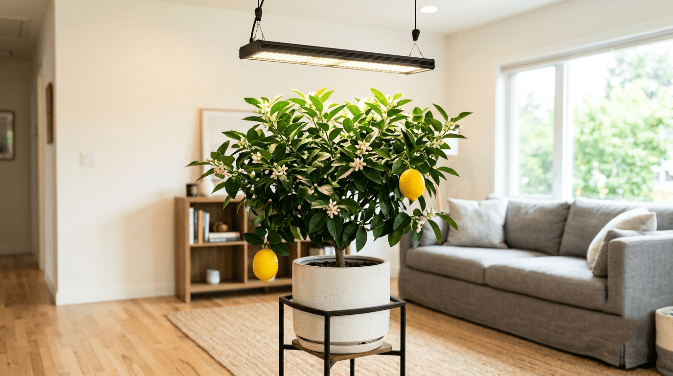 A healthy, fruiting Meyer lemon tree thriving indoors under a professional grow light.