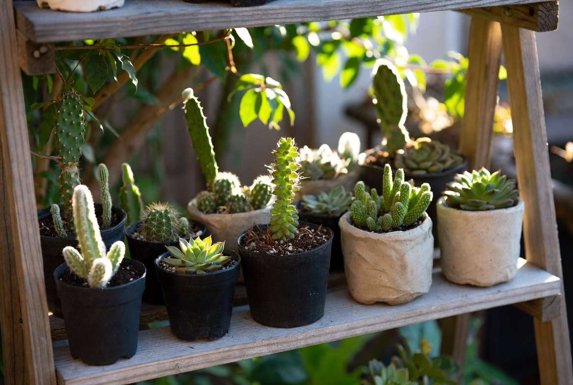 A thriving collection of healthy, pest-free cacti and succulents in terracotta pots on a sunlit wooden shelf, protected by preventive methods.