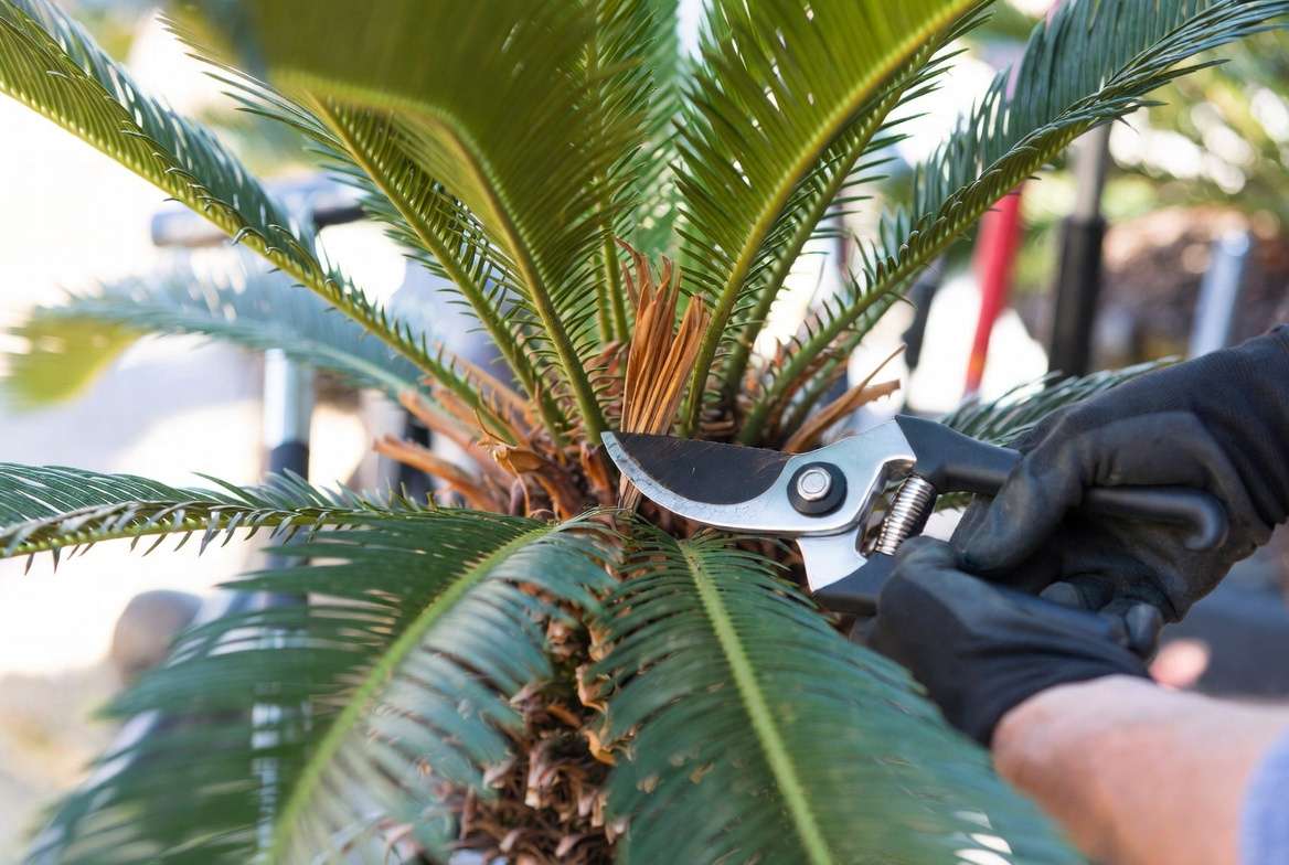 Pruning yellow and dead fronds on sago palm plant