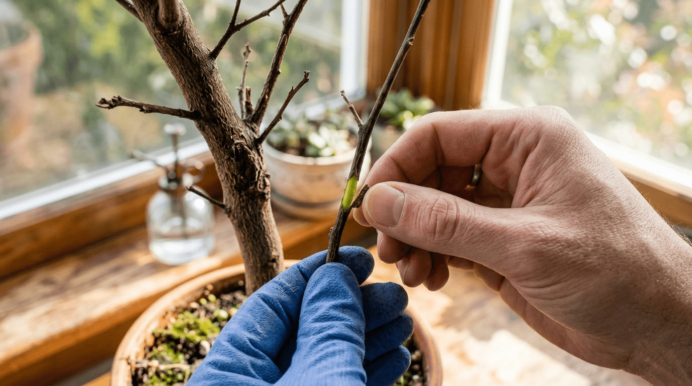 Hand scratching bark of a lemon tree branch to reveal green cambium layer inside.