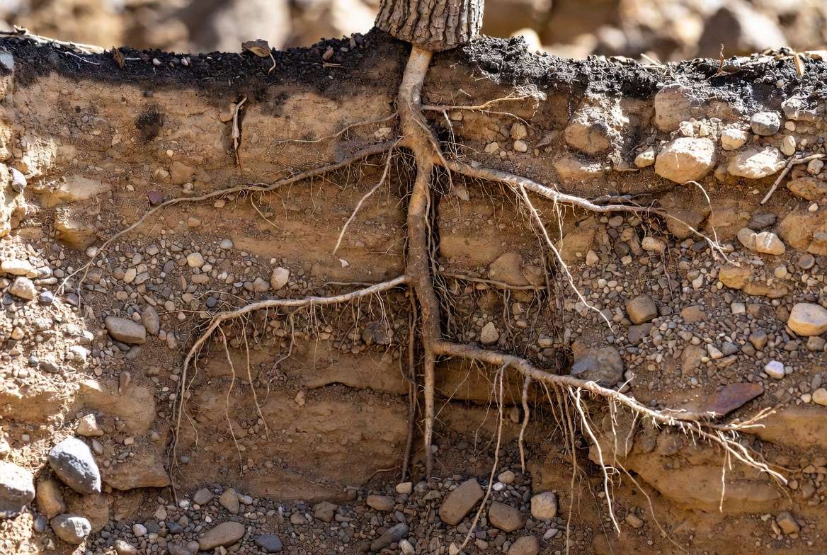 A cross-section soil view demonstrating the deep taproot system of a pistachio tree.