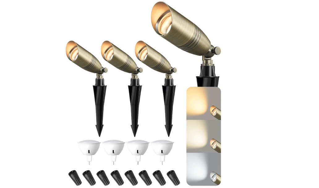 EDISHINE Solid Brass Landscape Spotlights, 12V LED Low Voltage Landscape Lights, 3CCT MR16 Bulb Included, Bronze Heavy Duty Waterproof Spot Lights,Outdoo