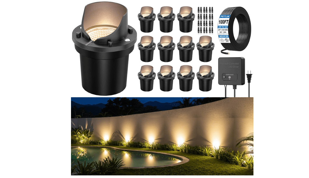 PETLIK All-in-One Low Voltage Landscape Lighting 12W LED Well Lights IP67 Outdoor In-Ground Lights Waterproof with 144W Transformer, 2700K Warm White