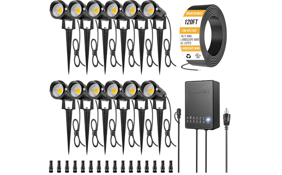 ZUCKEO All-in-One Low Voltage Landscape Lighting Kit, 5W LED Landscape Lights with Transformer, 120FT Wire and Connectors, Waterproof Outdoor Spotlight f