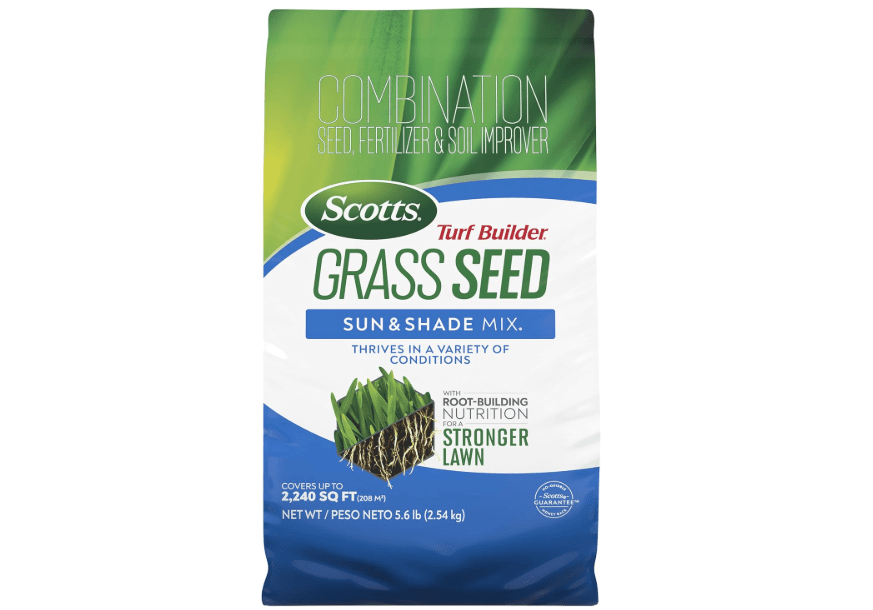 Scotts Turf Builder Grass Seed Sun & Shade Mix, 5.6 lbs. | Grass Seed Plus Lawn Fertilizer and Soil Improver, Thrives in Many Conditions, Covers Up