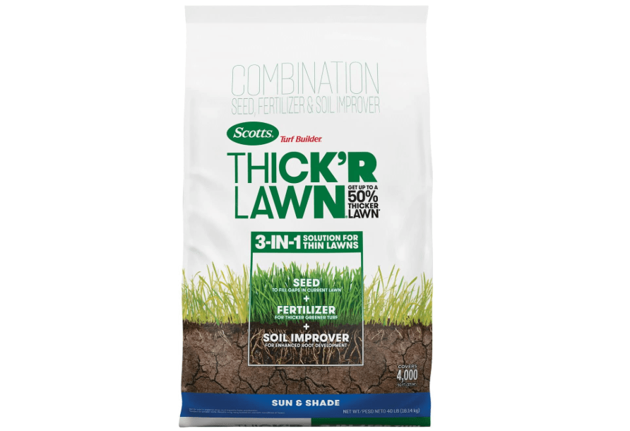 Scotts Turf Builder Thick'R Lawn Sun & Shade, 40 lbs. | Combination Grass Seed, Lawn Fertilizer and Soil Improver, Thickens Thin Grass