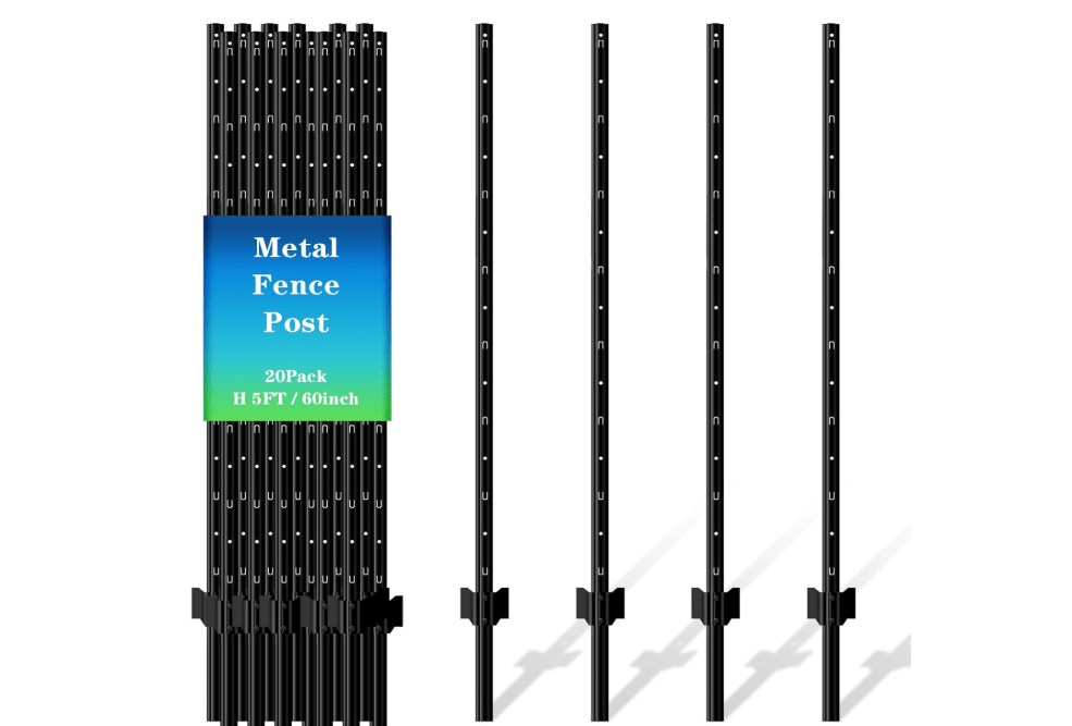 20 Pack Metal Fence Post, 5FT Heavy Duty U-Post for Wire Fence, No Dig T Posts Garden Fencing Stakes for Temporary Fencing, Electric Fence Wire, Corner Anchor