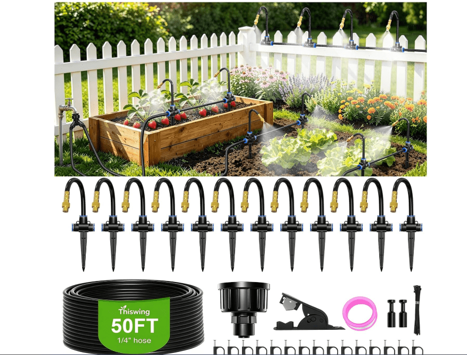 Thiswing 50 FT 360° Adjustable Irrigation System for Garden with Stake Holders – 1/4" Tubing, 12 Nozzles, Automatic Watering Misting System,