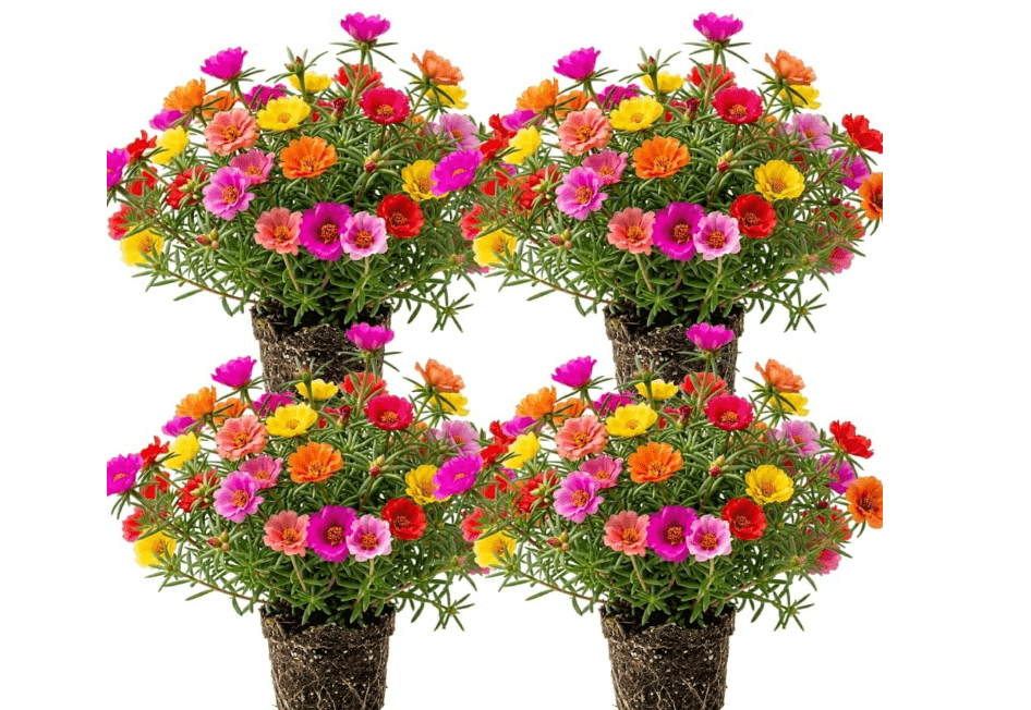  4 Live Assorted Portulaca Plants, Moss Rose Plant Live, 4-6 Inches Tall, Mixed Color Perennial Ground Cover, Outdoor Planting