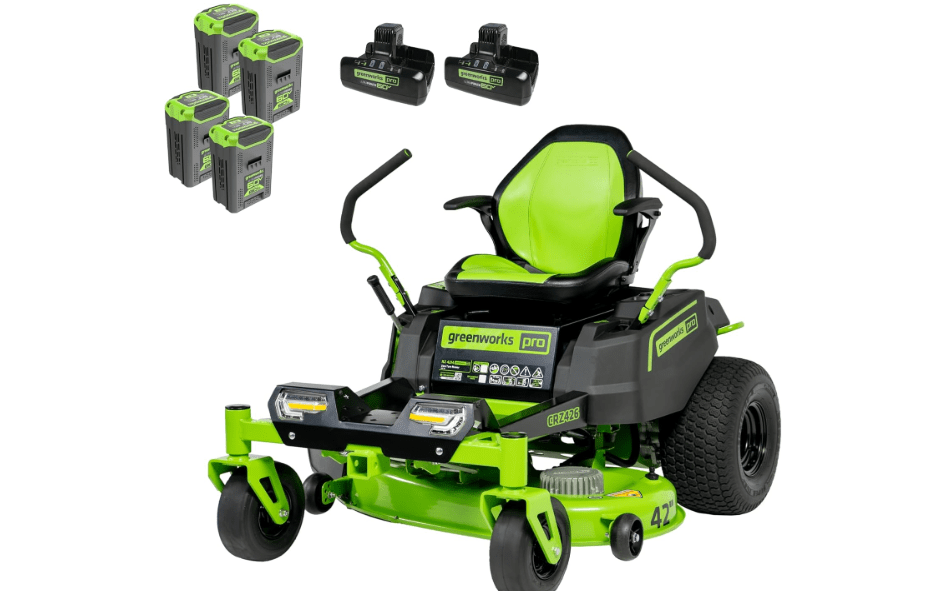 
Greenworks 60V 42” Cordless Electric CrossoverZ Zero Turn Riding Mower, (4) 8.0Ah Batteries and (2) Dual Port Turbo Chargers