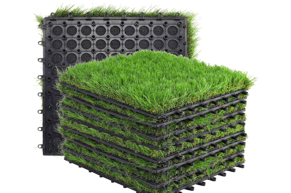
GOLDEN MOON Turf Grass, Artificial Grass, Tile Interlocking and Self-Draining Mat for Patio, Indoor Outdoor, 1x1 ft, 1.5 in Pile Height, 9 Pack