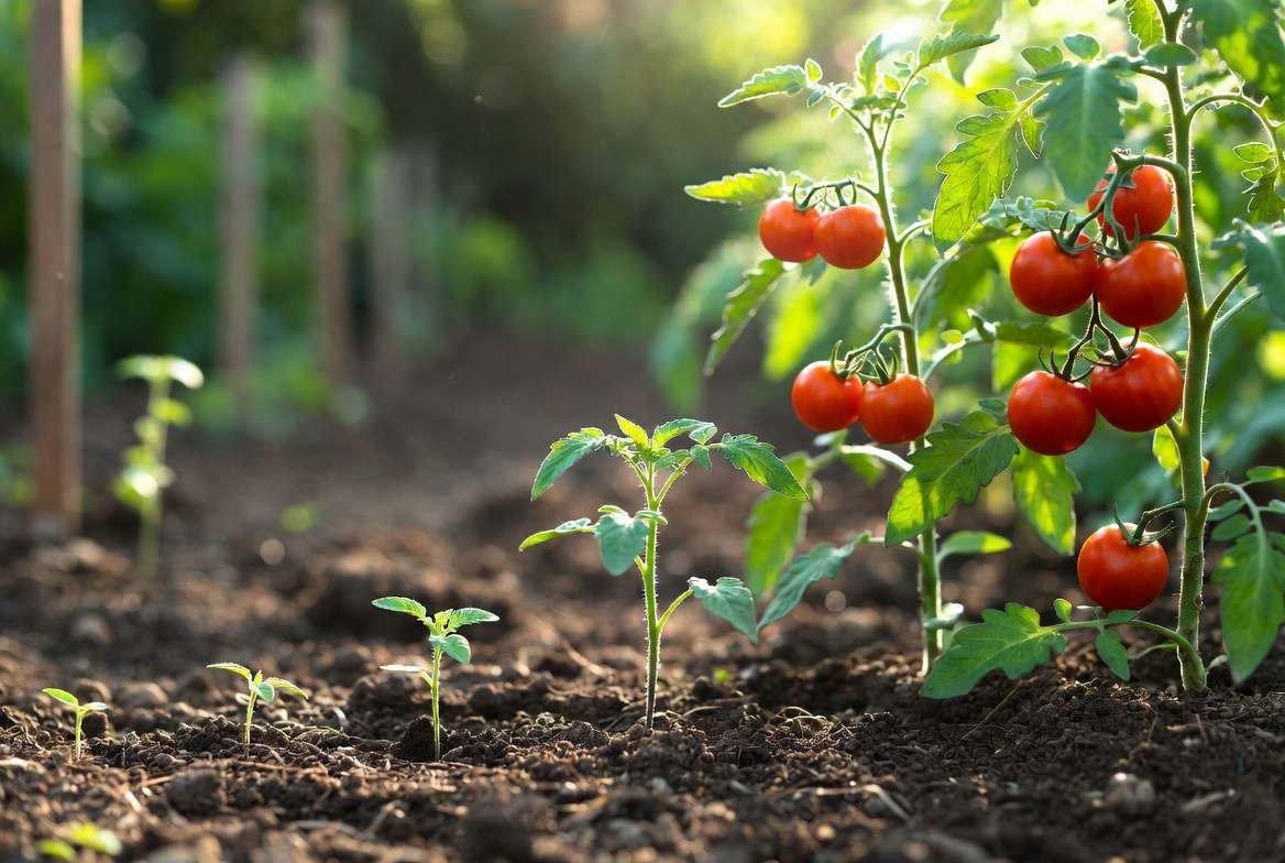 Growth stages of Mountain Fresh tomato plants from seedling to harvest